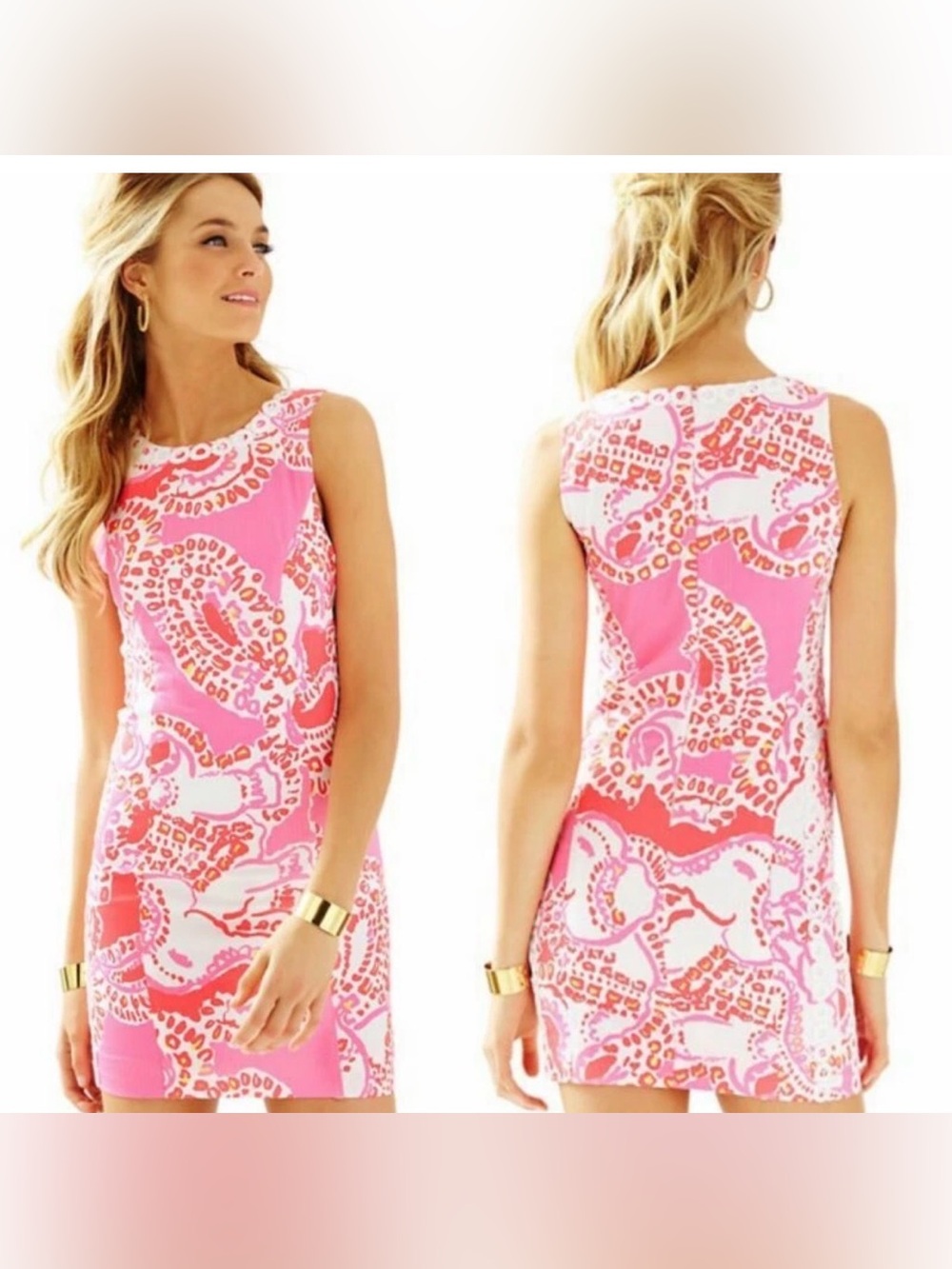 Lilly Pulitzer Mila Shift Dress featuring a pink & white “Trunk in Love” print.